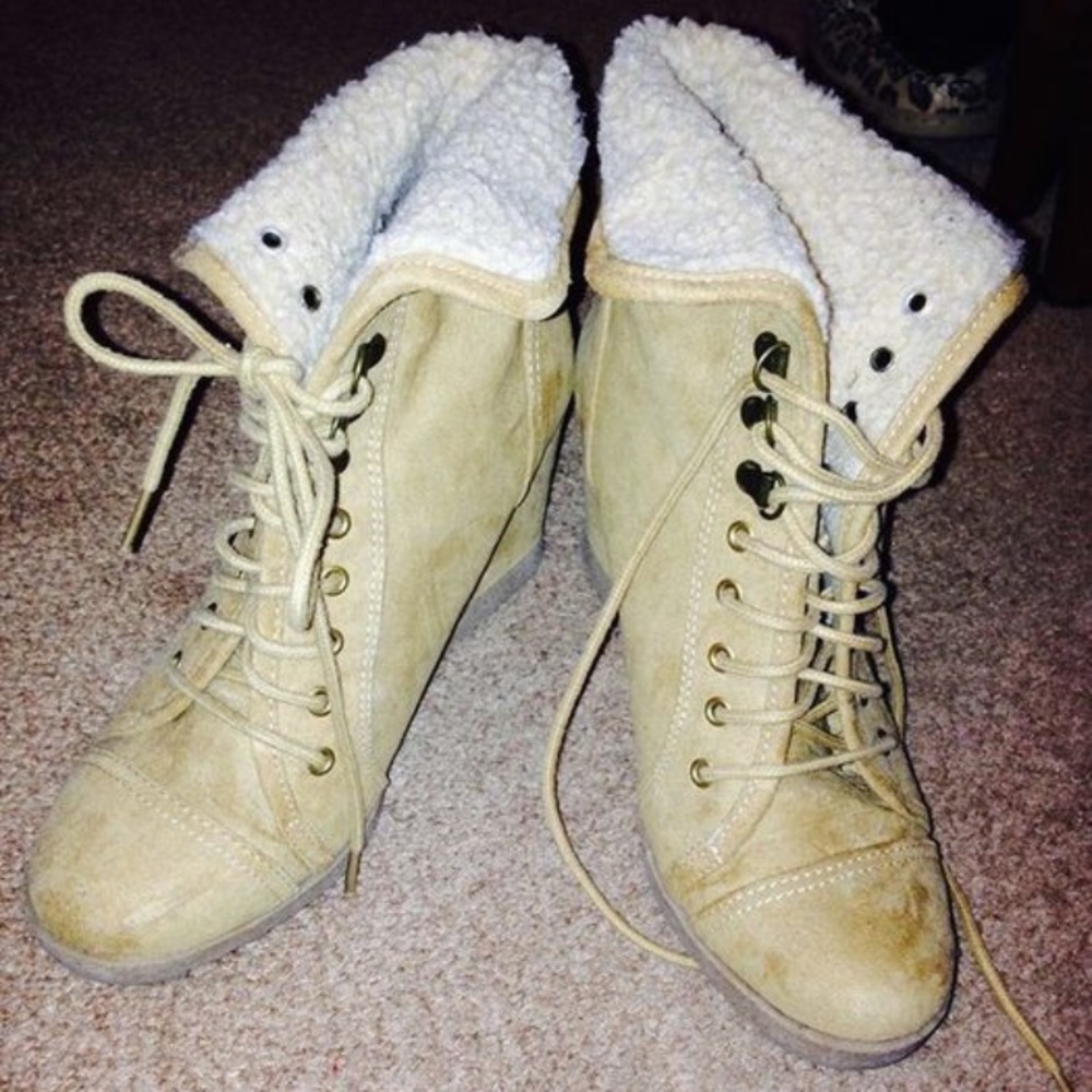 Tan suede wedge heel boot